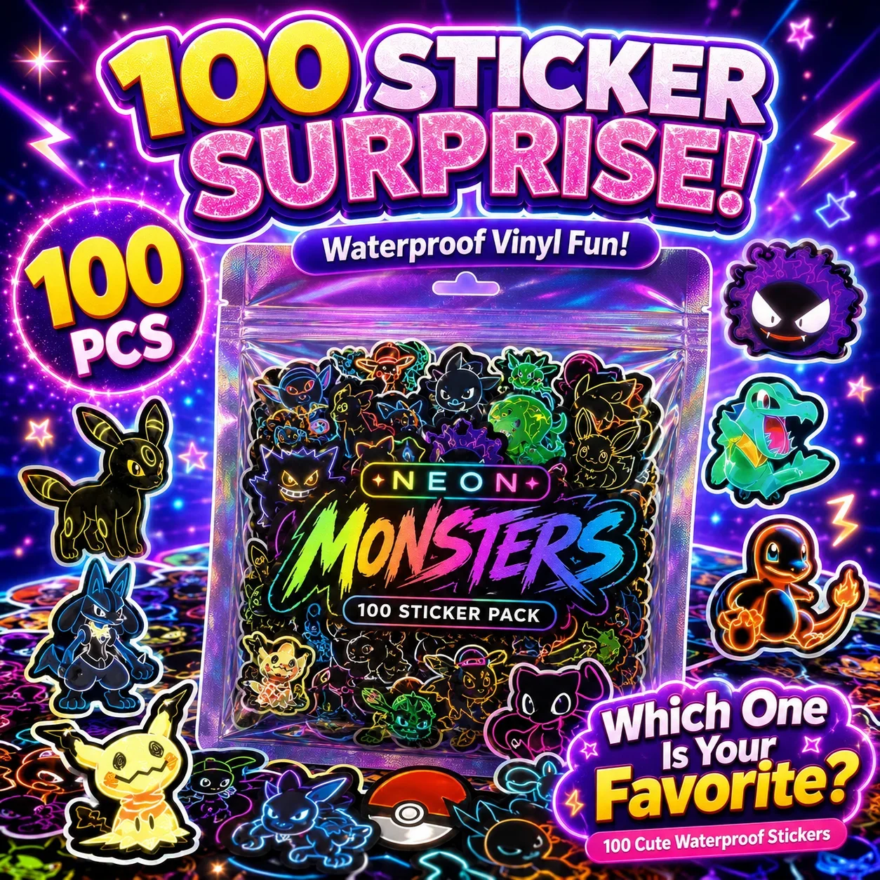100 stuks neon Pokémon-sticker - Wall Sticker recensie en prijs